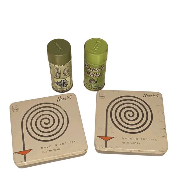 4 Vintage Metal Tins - 2 Doan's Pill Boxes & 2 Norelco Containers - Picture 1 of 10